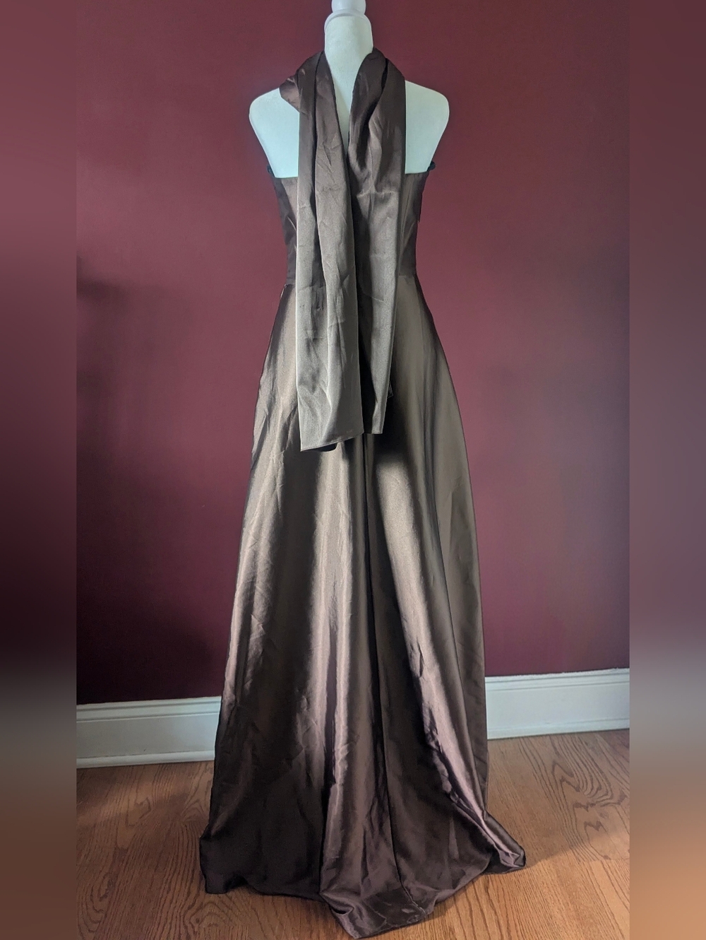 Vintage Juno Strapless Satin Gown Warm Brown Formal Dress with Shawl - Picture 6 of 12